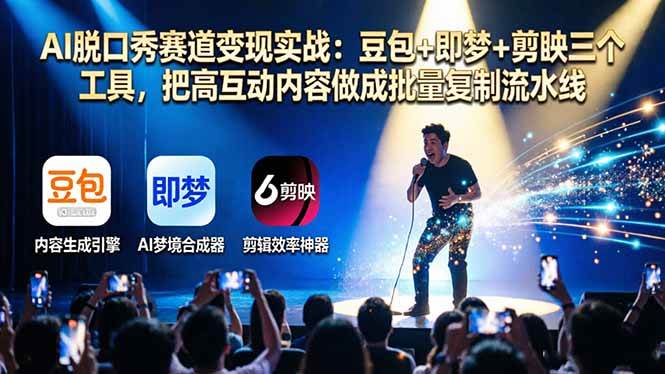 【21551】AI脱口秀赛道变现实战：豆包+即梦+剪映三个工具，把高互动内容做成批量复制流水线