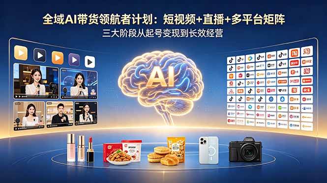 【21741】全域AI带货领航者计划：短视频+直播+多平台矩阵，三大阶段从起号变现到长效经营