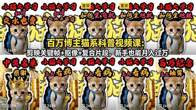 【21764】小猫大学习百万博主猫系科普视频课：剪映关键帧+抠像+复合片段，新手也能月入过万