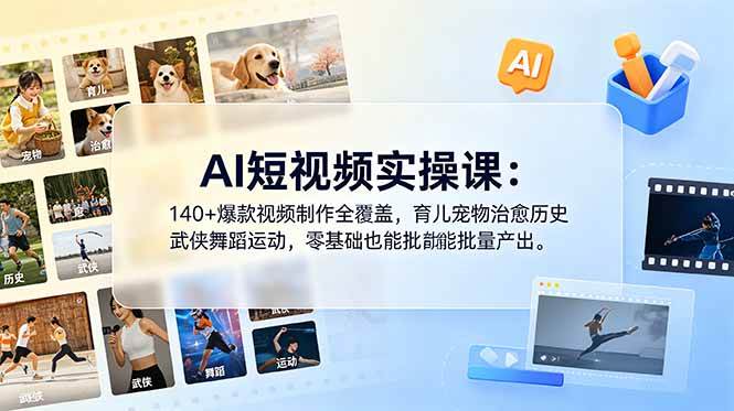 【21818】AI短视频实操课：140+爆款视频制作全覆盖，育儿宠物治愈历史武侠舞蹈运动，零基础也能批量产出