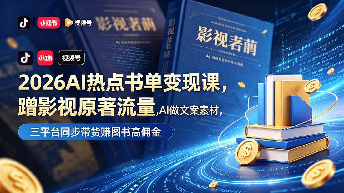 【21821】2026AI热点书单变现课，蹭影视原著流量，AI做文案素材，三平台同步带货赚图书高佣金
