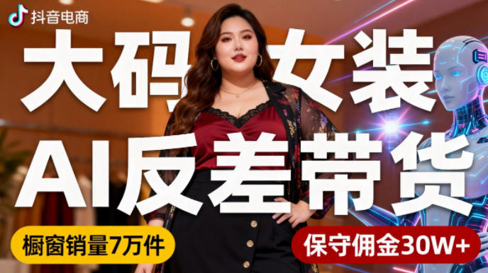 【20593】抖音小众赛道，大码女装AI反差带货，不用直播，每天6条作品，橱窗卖7万件，保守佣金30W+