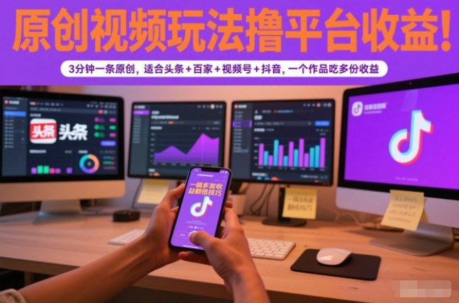 【20752】原创视频玩法撸平台收益，3分钟一条原创，适合头条+百家+视频号+抖音，一个作品吃多份收益