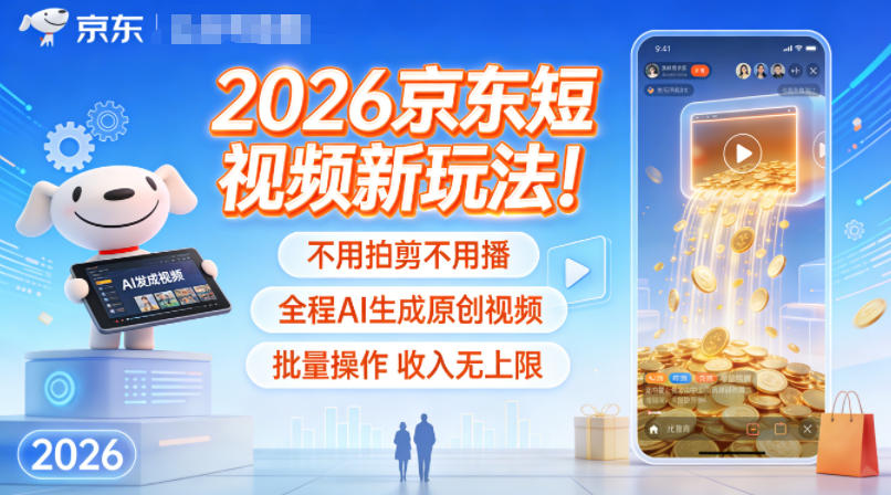 【20903】2026京东短视频新玩法！不用拍剪不用播，全程AI生成原创视频，批量操作收入无上限