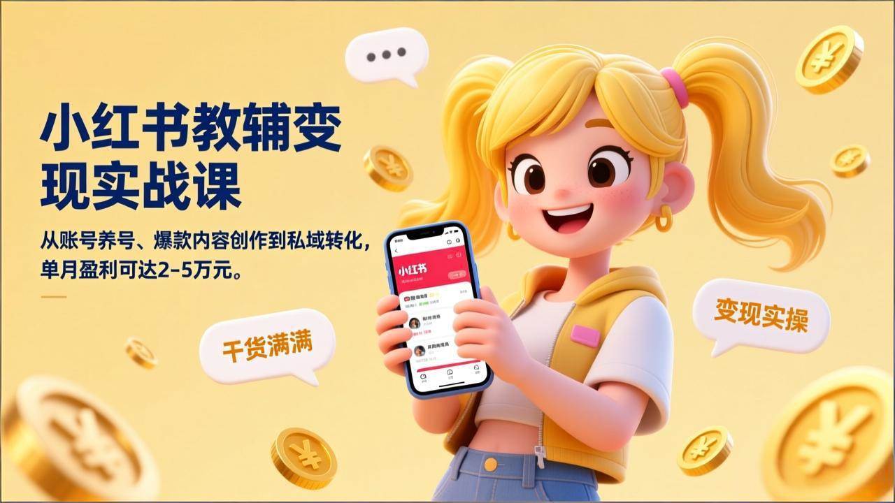 【21299】小红书教辅变现实战课，从账号养号、爆款内容创作到私域转化，单月盈利可达2-5万元