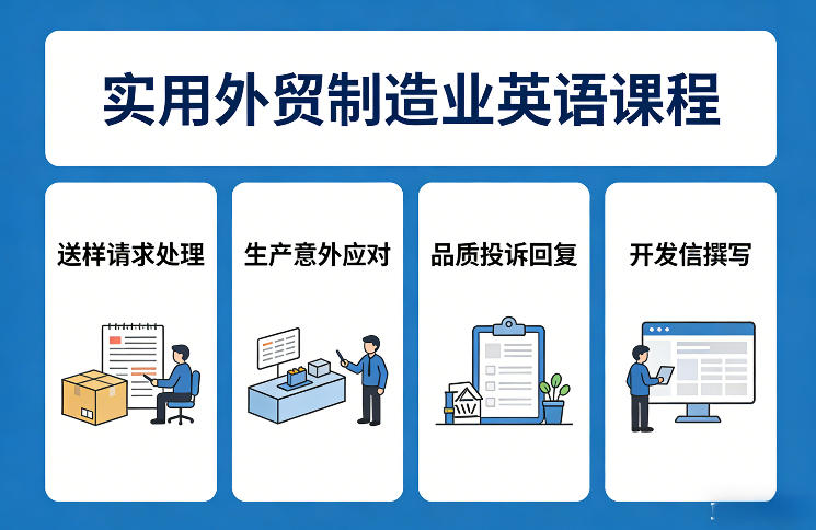 MR曹实用外贸制造业英语课程，教你专业处理送样请求、应对生产意外、回复品质投诉、撰写开发信等