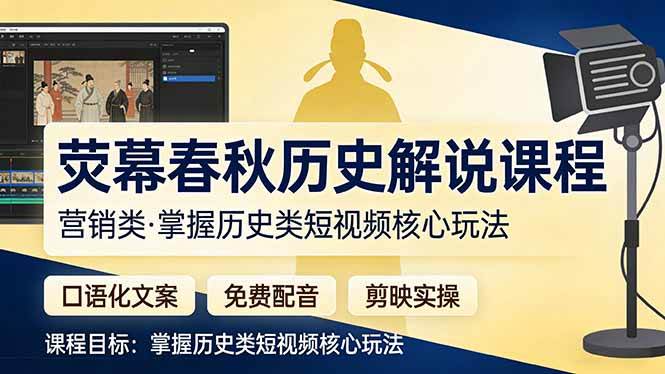 【21467】荧幕春秋历史(营销类）解说课程：口语化文案+免费配音+剪映实操，掌握历史类短视频核心玩法